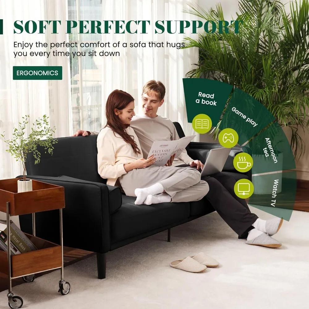 Czarna sofa dwuosobowa 70 cm z funkcją rozkładania, zmywalnym pokrowcem, pianką o wysokiej gęstości i ramą z litego drewna.