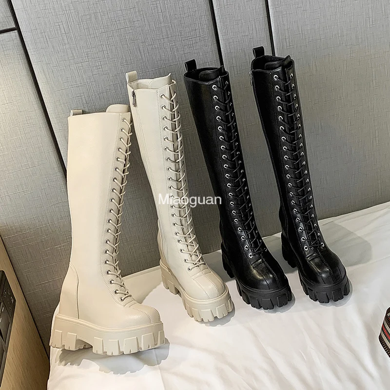 Women's High Top Chunky Platform Pu Over-the-Knee High Boots Autumn Retro Punk Increasing Long Shoes Woman Zipper Lace-up Winter