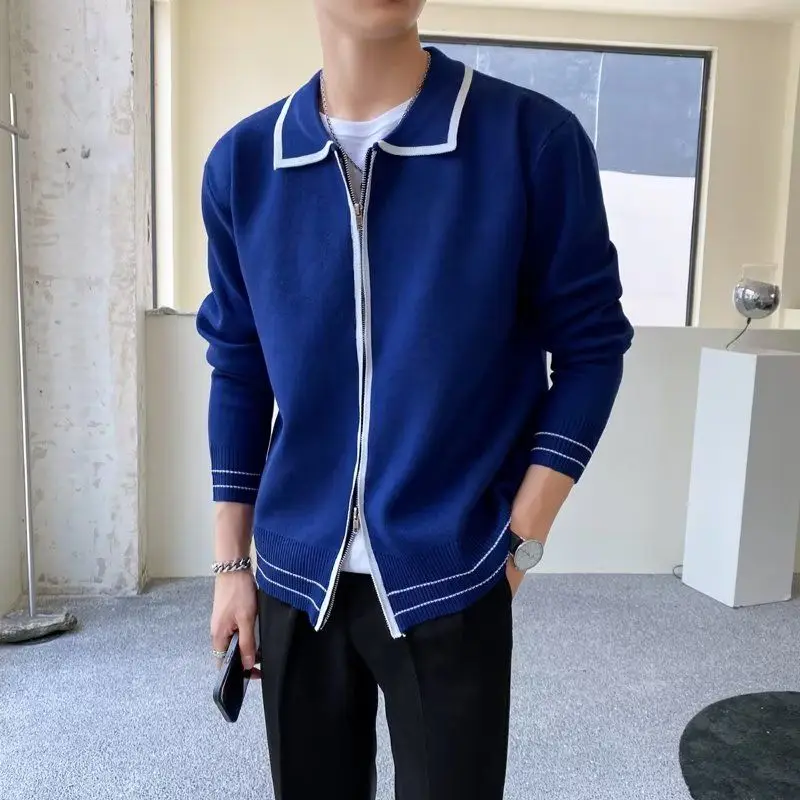 Men's Clothing  Contrast Zipper Cardigan Lapel Knitted Sweater Jacket Fashionable Casual Top