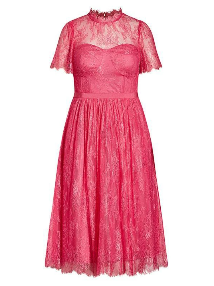 Женское кружевное платье средней длины, с воротником-стойкой и коротким рукавом-бабочкой