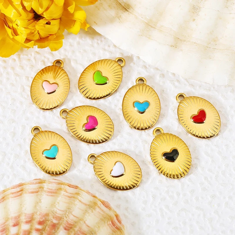 

5pcs Stainless Steel Oval Heart Charm Enamel Pendant Gold Plated Metal for Earring Necklace Bracelet Jewelry Making Supplies