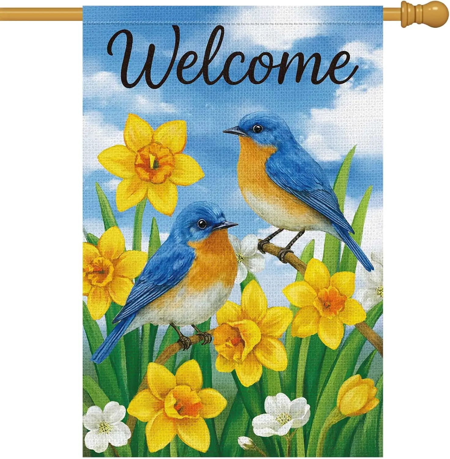 Heyfibro Welcome Spring Garden Flag 28x40 Double Sided Burlap, Blue Birds & Yellow Daffodils Yard Banner for Rustic Seas AAS