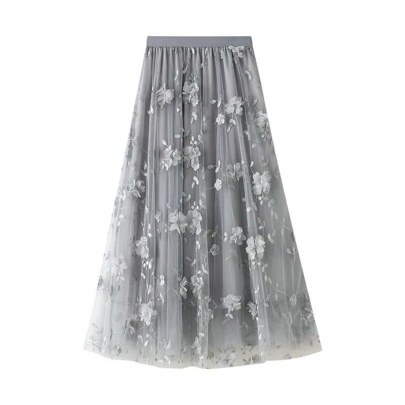 Mesh Embroidery Half-Length Large Yarn Spring New A-Line Hundred Wrinkles Princess Dress Dance Skirt