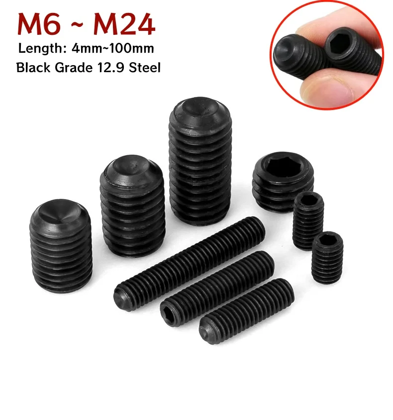 Black Grade 12.9 Steel Hex Hexagon Socket Set Screw Cup Point Grub Screw M6 M8 M10 M12 M14 M16 M18 M20 M24 Headless Screw