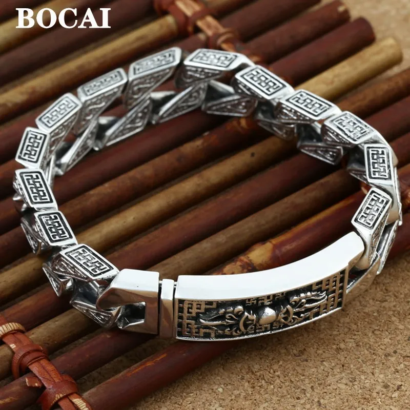 

BOCAI New Real S925 Silver Jewelry Retro Thai Six Words of Truth Personality Fashion Diamond Pestle Man Bracelet 12MM Tank Chain