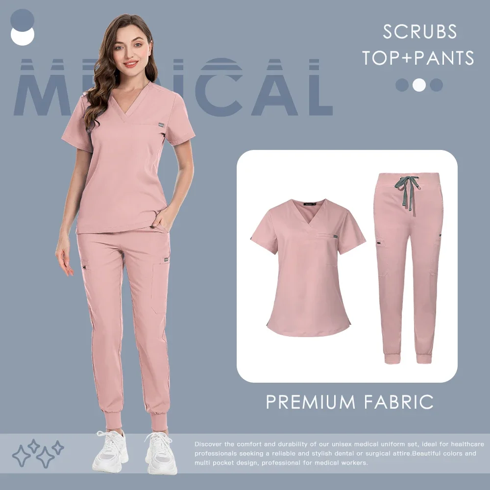 2 Piece Uniforms Medical Scrubs Uniform Women Nurse Scrub Set Men Pocket Top+Pants Clinical Nursing Suit Beauty Clothes Workwear