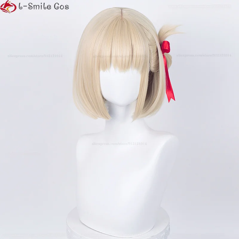 Nishikigi-Peluca de Cosplay de Chisato, pelo sintético, corto, dorado claro, resistente al calor, cinta + gorro de peluca, 30cm