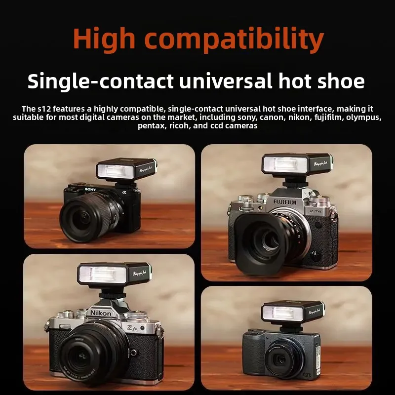 Mini flash retrô, sapata universal com bateria embutida.