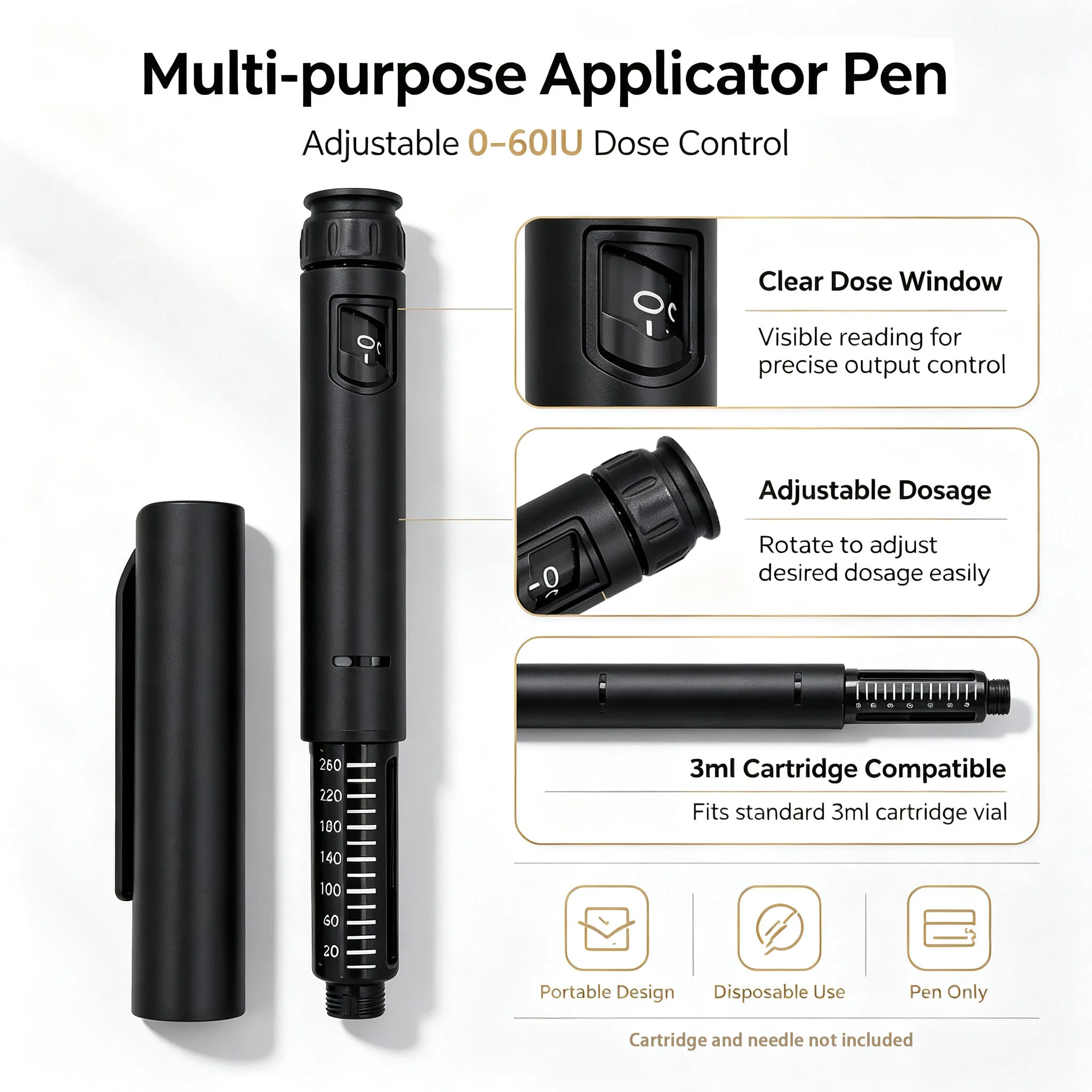 10Pcs Black Disposable Injection Pen 60IU Dose Control Fits 3ml Cartridge Vial Adjustable for Weight Control Management