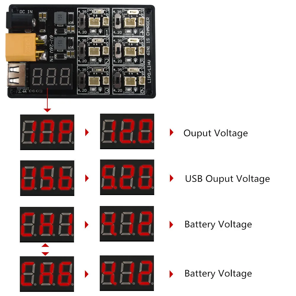 Placa do carregador de bateria Lipo LiHv, RC Quadcopter FPV Racing Drone, 6 em 1, 3.7V, 3.8V, 1S, Tiny 6, 7QX65, Mobula7, Mobula 6