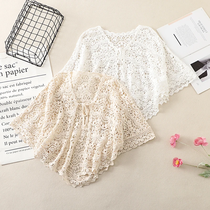 

New Chinese Style Lace Hollow out Belted Short Cardigan Women's Outerwear Flag Dress Shoulder Pad Vintage Casual Cotton Knitted