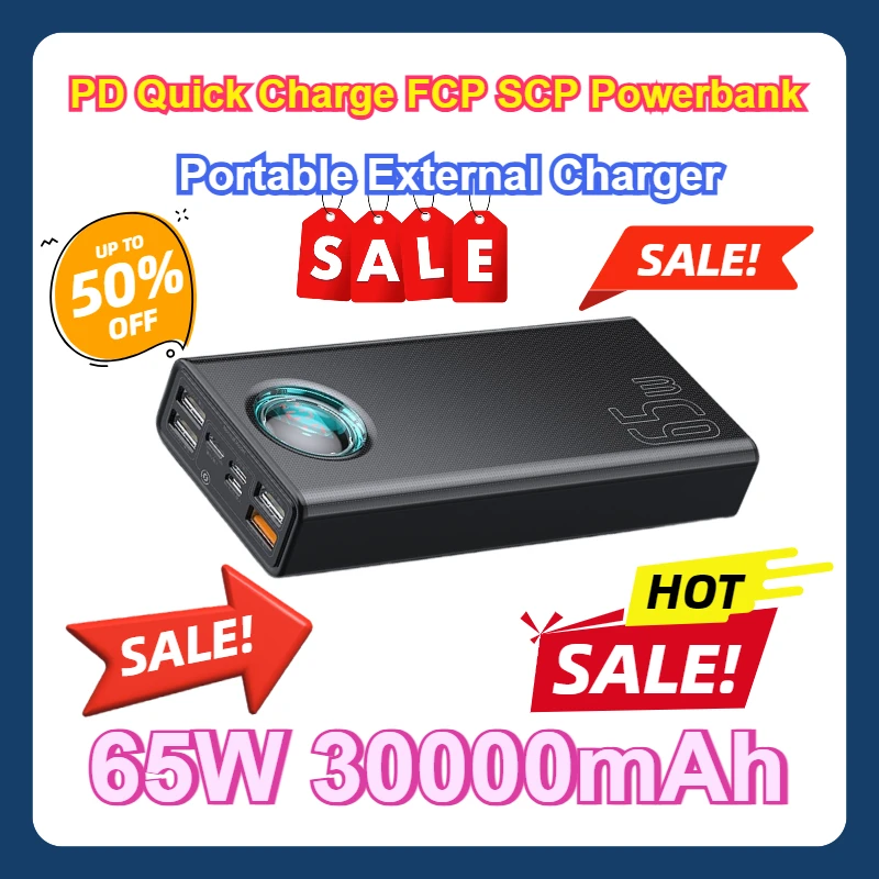 For Smartphone Laptop IPhone Tablet  65W Power Bank 30000mAh PD Quick Charge FCP SCP Powerbank Portable External Charger