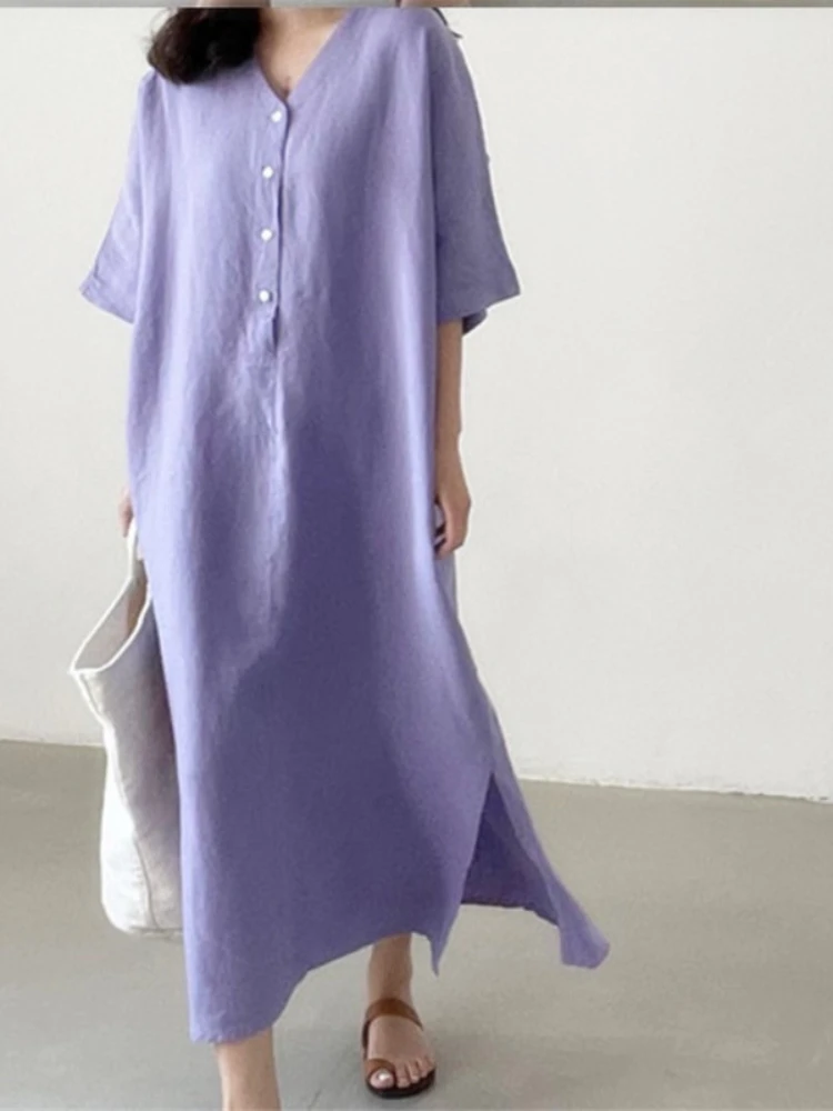 

Dress for Women Summer New In Loose Short Sleeve V-Neck Mid Calf Skirt Korean Fashion Casual Elegant Long Women's Shirt Dresses