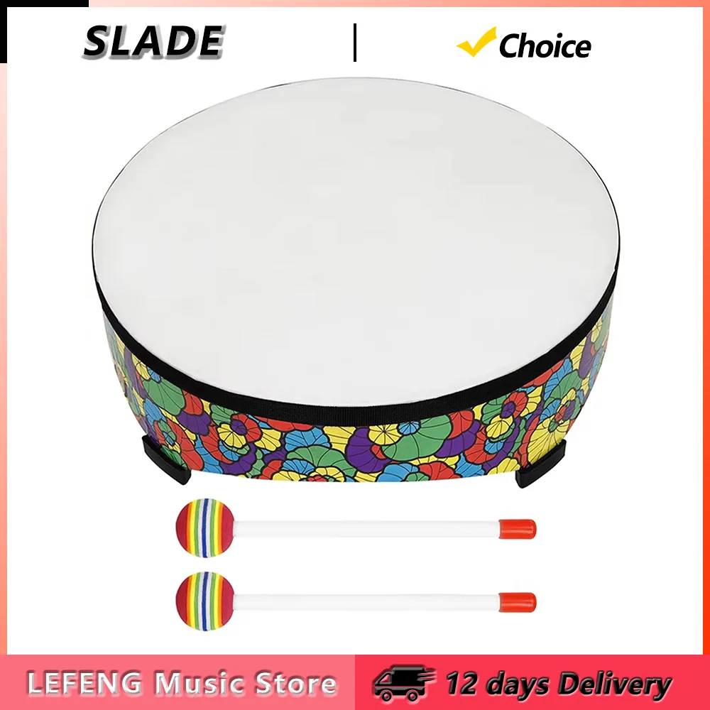 7 Inch Ground Drum Sheepskin Drumhead Floor Drum for Christmas Gift Enlightenment Percussion Instrument with 2 Drum Sticks