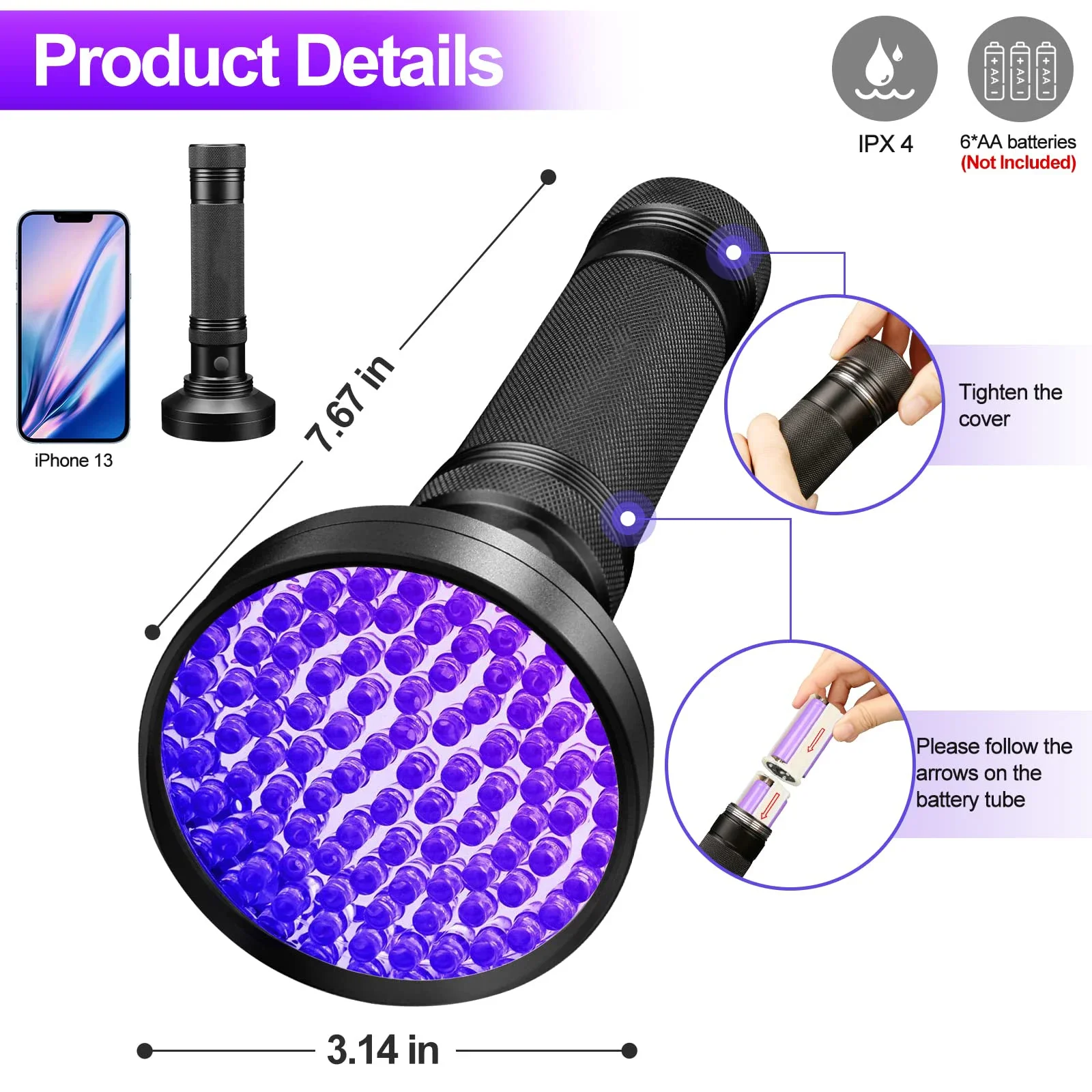 51/100/128 Led Protable UV Blacklight Flashlight Ultraviolet Torch Blacklight Detector for Dog Urine Pet Stain Money Scorpion