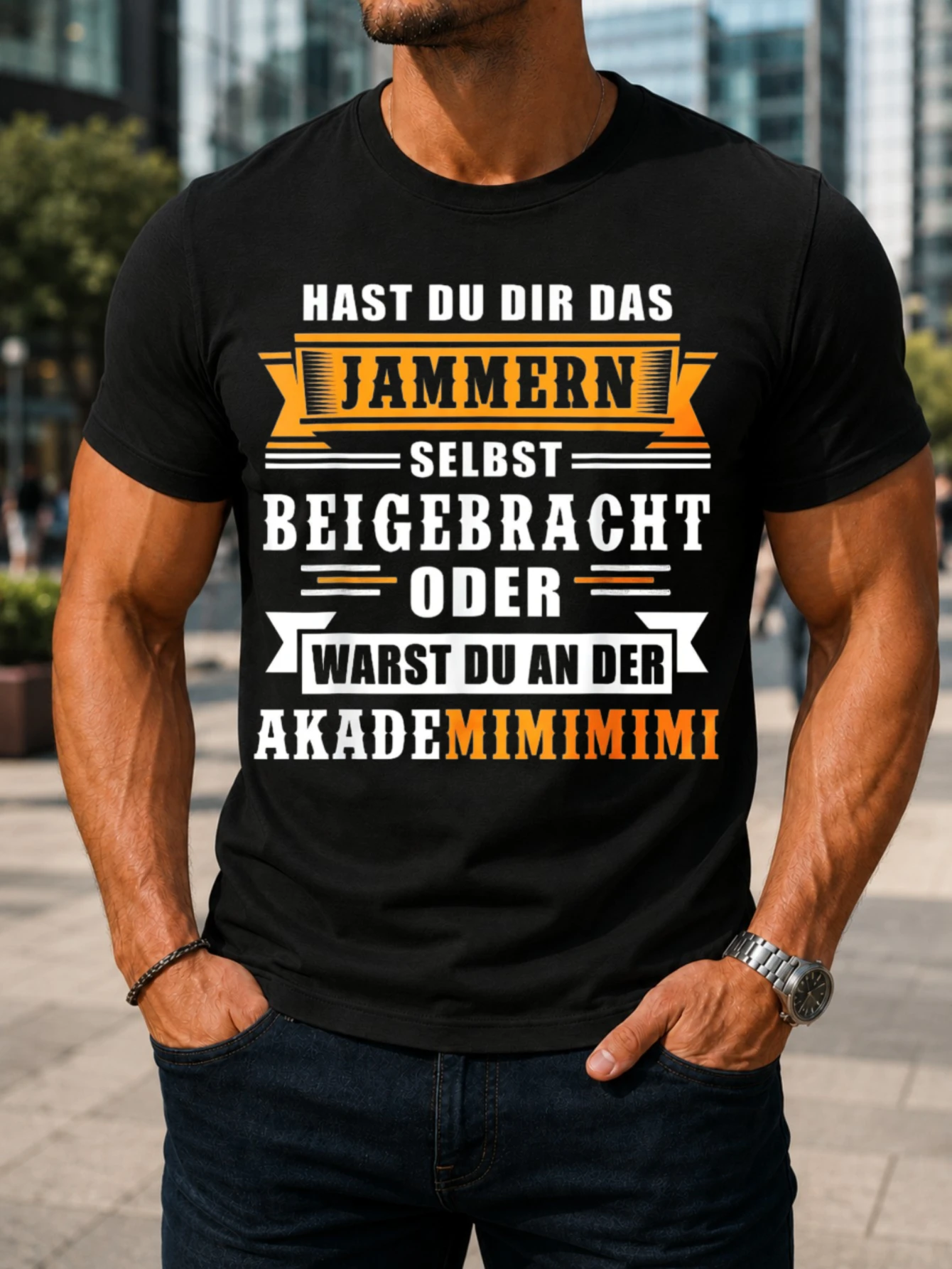 German Jammern Akademimimimi Sarcastic Complaining Quote with Orange Banner Typography Bold Comic  Unisex All T-Shirt