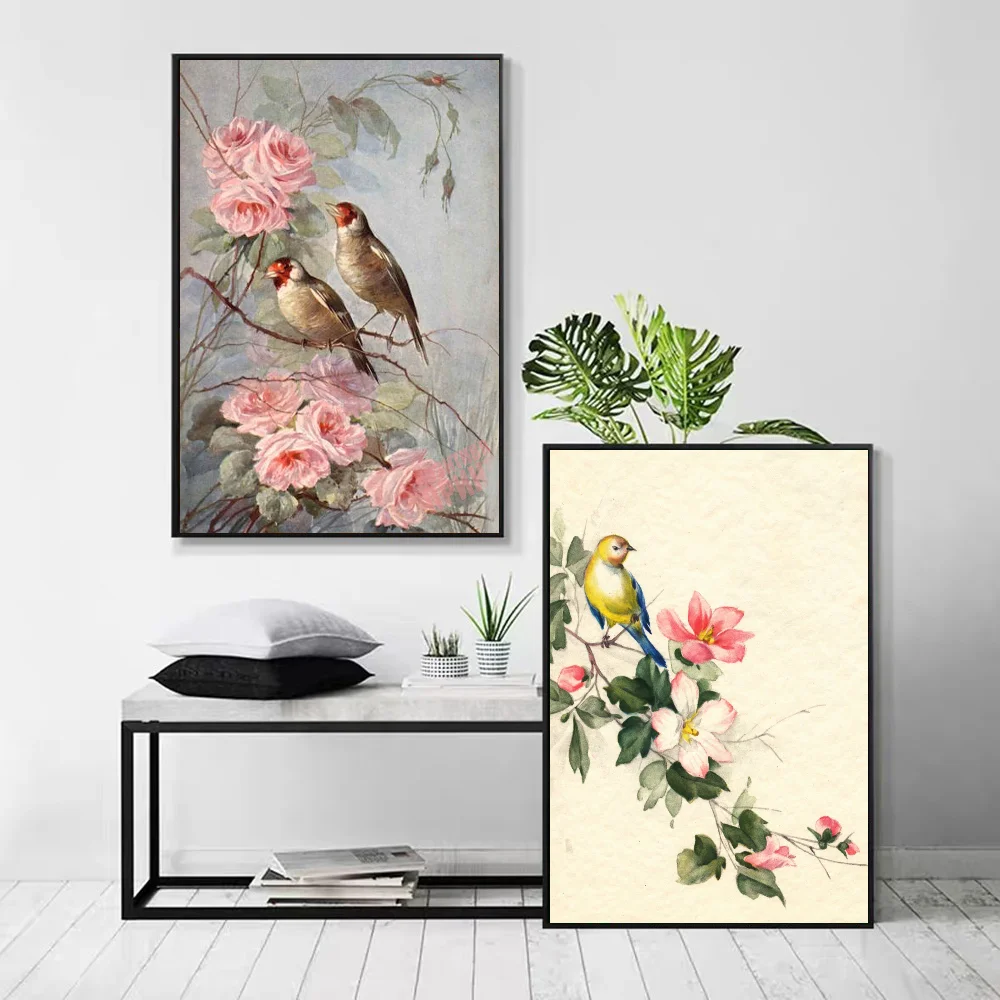 1pc Vintage Goldfinch Landscape Bird Flower Poster Self-adhesive Art Waterproof Paper Sticker Coffee House Bar Room Wall Decor