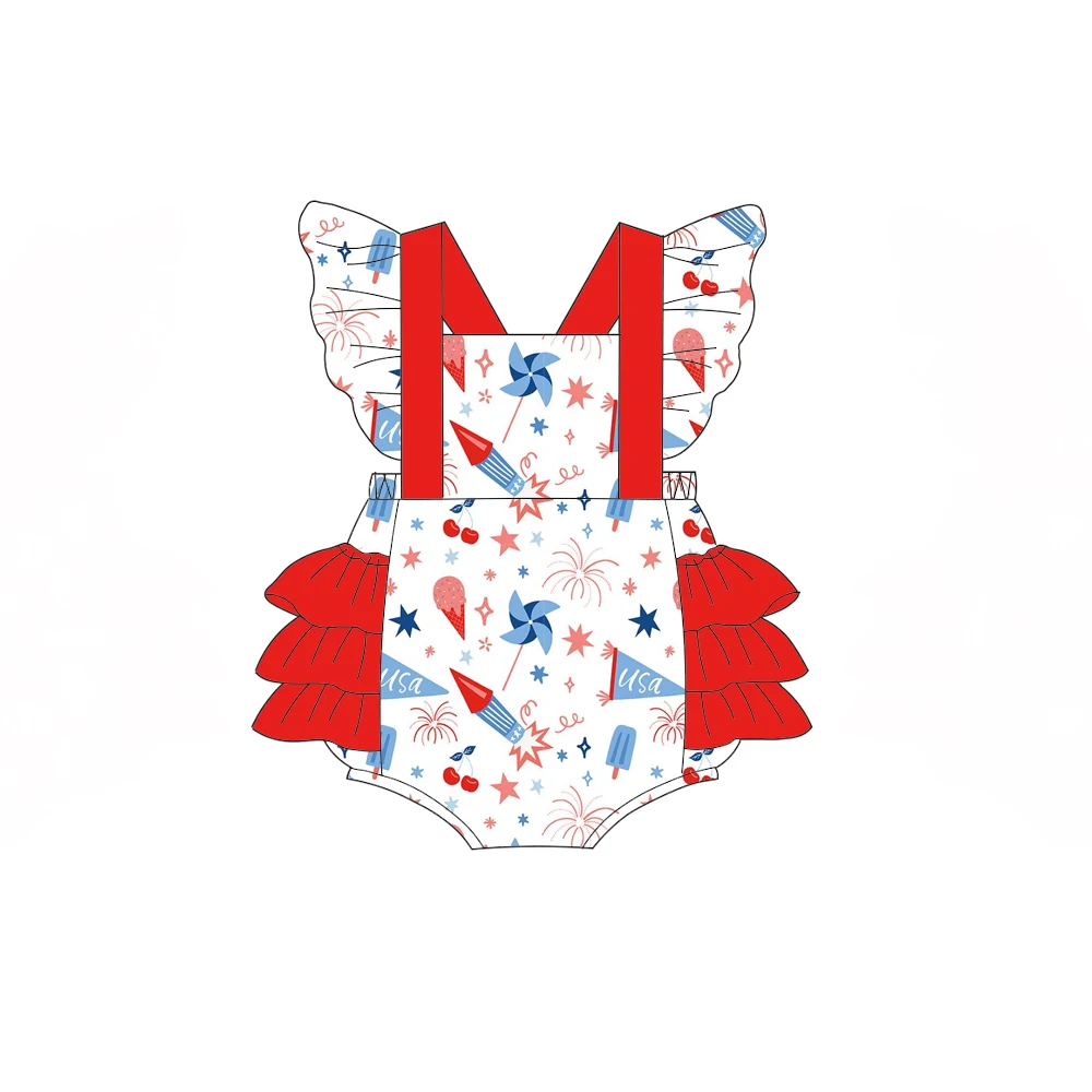 Infant USA Patriotic Romper Ruffle Flutter Sleeve Backless Sunsuit Red White Blue Holiday Outfit custom