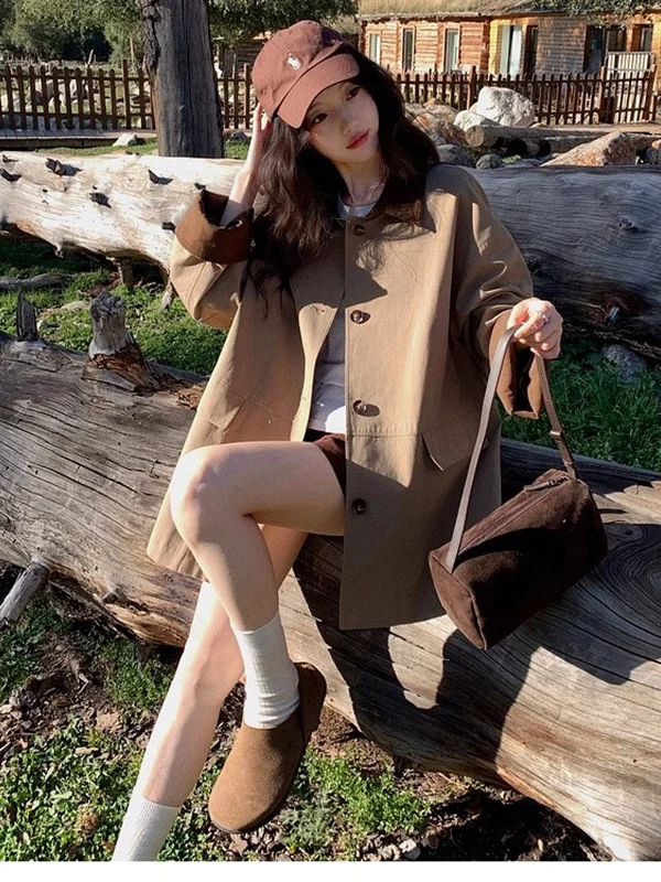 

British Style Women's Short Kaki Color Coat Autumn New Arrival Fashionable Windbreaker Commute Friendly Loose Fit Long Sleeve