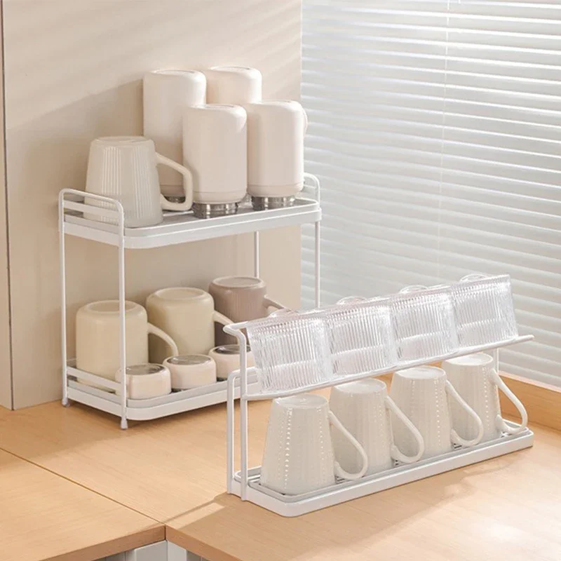 For Mugs Thermos Cups Kitchen Organizers and Storage Spaces Shelf 2 Layer Cup Organizer with Drain Tray Countertop Storage Rack