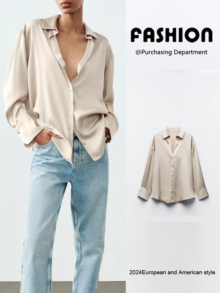 

Comfortable Silk Satin Feel Classic Collar Long Sve irt Women's Premium Faion Commute Sle Loose Fit Thin Material