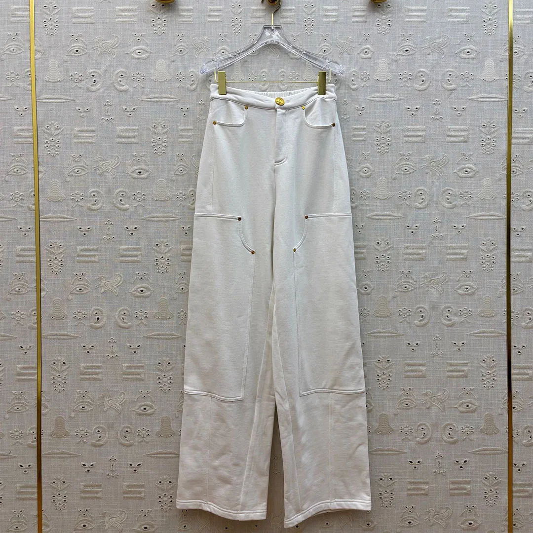 

New Fashion Streetwear Loose Wide Leg Cotton Long Sweatpants Women Elastic High Waist Gold Button Pockets Patchwork Trousers