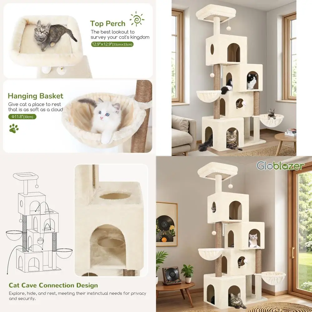 

70-дюймовая высокая лежанка-когтеточка для кошек с 4 домиками, 3 сизалевыми столбиками, 2 корзинами, плюшевой лежанкой для нескольких домашних кошек, бежевая