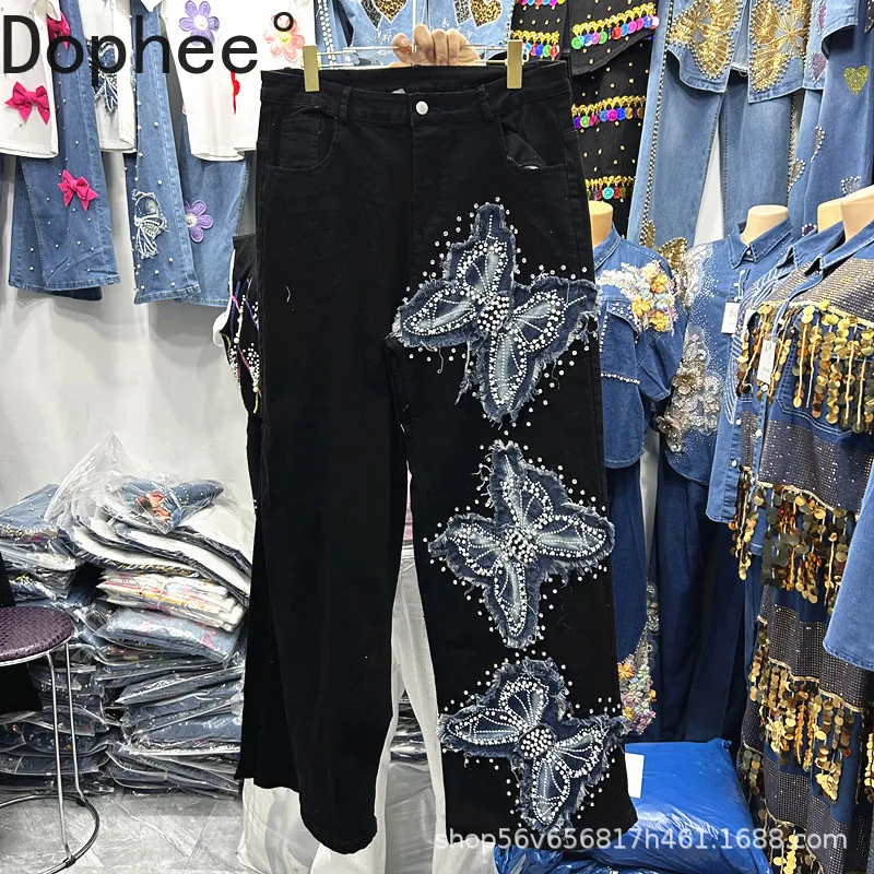 

Beading Patch Embroidery Butterfly Black Denim Pants All-match Spring Autumn Long Trousers All-match Wide Leg Straight Jeans