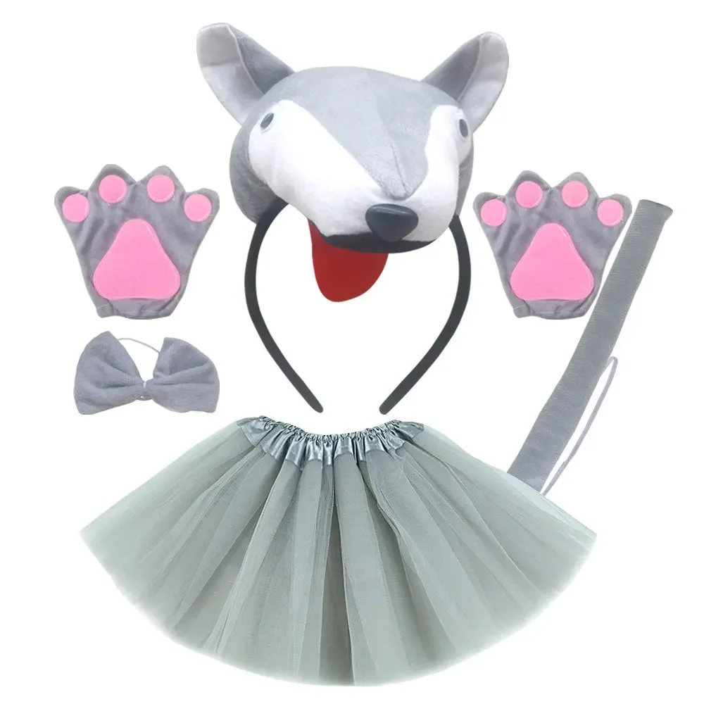 

Wolf for Girls Kids Women Ears Headband Tails Bow Skirt Beast Animals Set Birthday Halloween Costume Cosplay