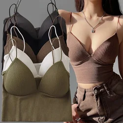 Ladies Camisole Slim Fit Sexy Stretch Push Up Bra with Chest Pads Knitted Crop Top Short Tube Top V-Neck Tops Bralette