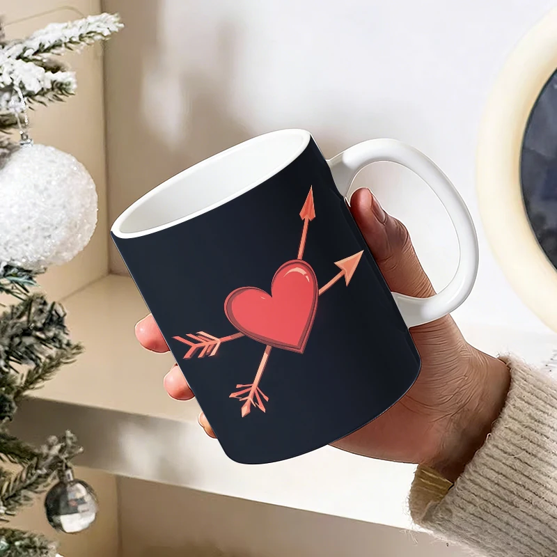 

1pcs Cupid Heart Arrow Ceramic Mug with Handle, Creative Coffee Cup, Milk Cup, Office Tea Cup, Fade-Resistant