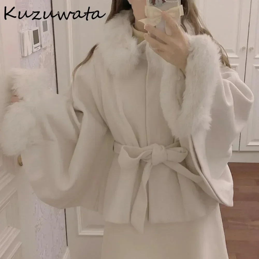 Kuzuwata Harajuku Fur Collar Woolen Elegant Blends All-match French Style Lace Up Women Clothing Japan Cloak Thicked Warm Jacket