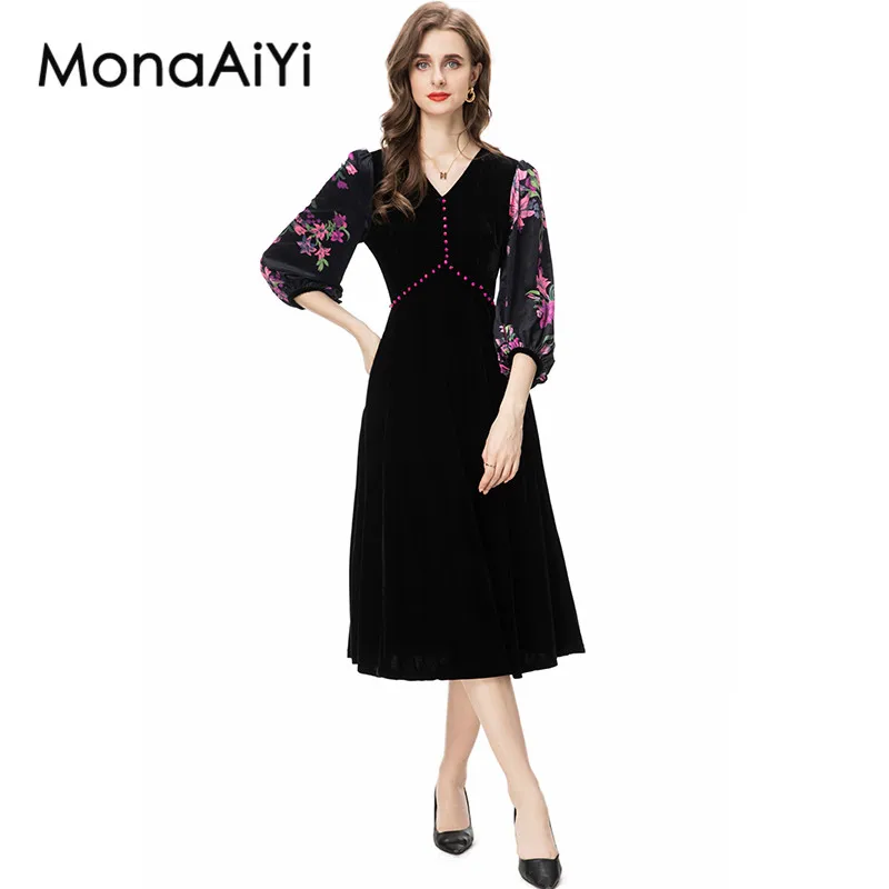 

MonaAiYi New Fashion Runway Designer Dress Women's V-Neck Puff Sleeves Solid Color Beading Sleeve Printing Slim Midi Dresses