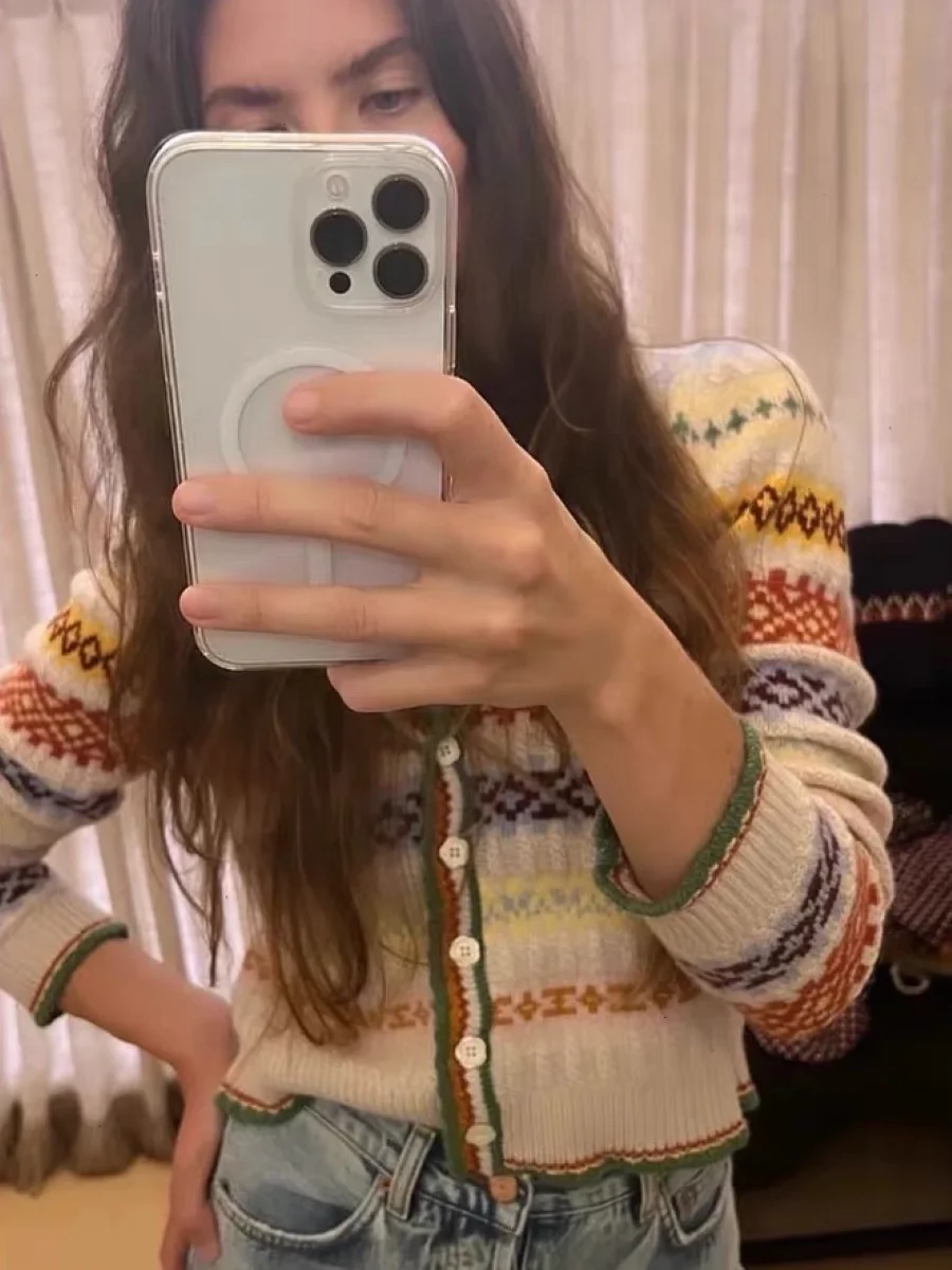 

Geometric Jacquard Women Cashmere Wool Cardigan Autumn V-Neck Single Breasted Long Sleeve Vintage Ladies Knitted Sweater