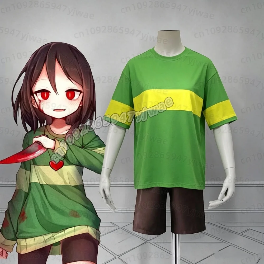 Halloween Deltarune Undertale Kris Cosplay t-shirt  short Sleeve Fashion t-shirt Men Women kids Green Yellow Striped t-shirt