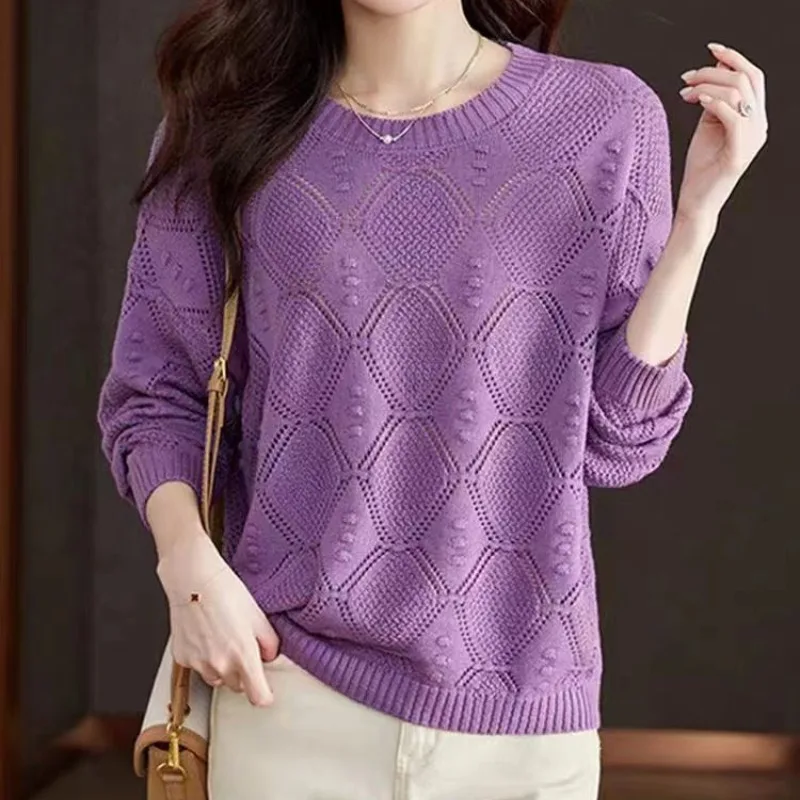 2024 Women\'s Spring and Autumn New Fashion Round Neck Solid Hollow Out Knitted Sweater Loose Long Sleeve Pullover Versatile Tops