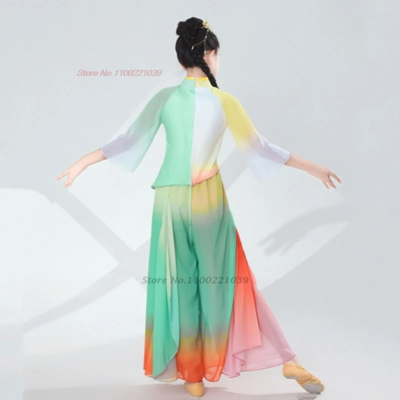 2025年中国風ヴィンテージ子供ダンス衣装蝶プリントグラデーションカラー漢服トップス+パンツセットステージパフォーマンス民族衣装