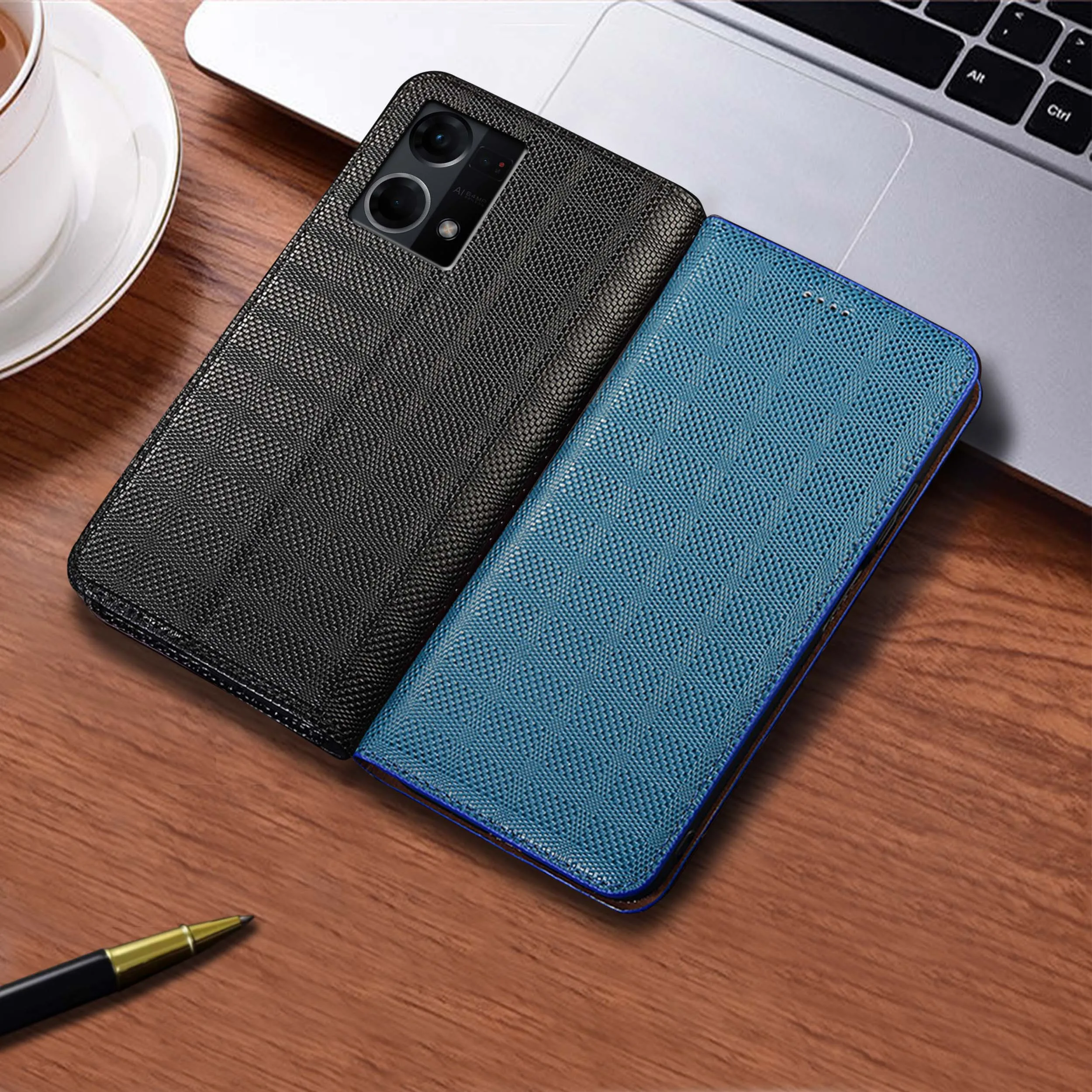 

For OPPO Reno 2 3 4 5 6 7 7Z SE Pro Plus 4G 5G Crosshatch Pattern Genuine Leather Flip Phone Cover Case Cowhide Scratch-Proof