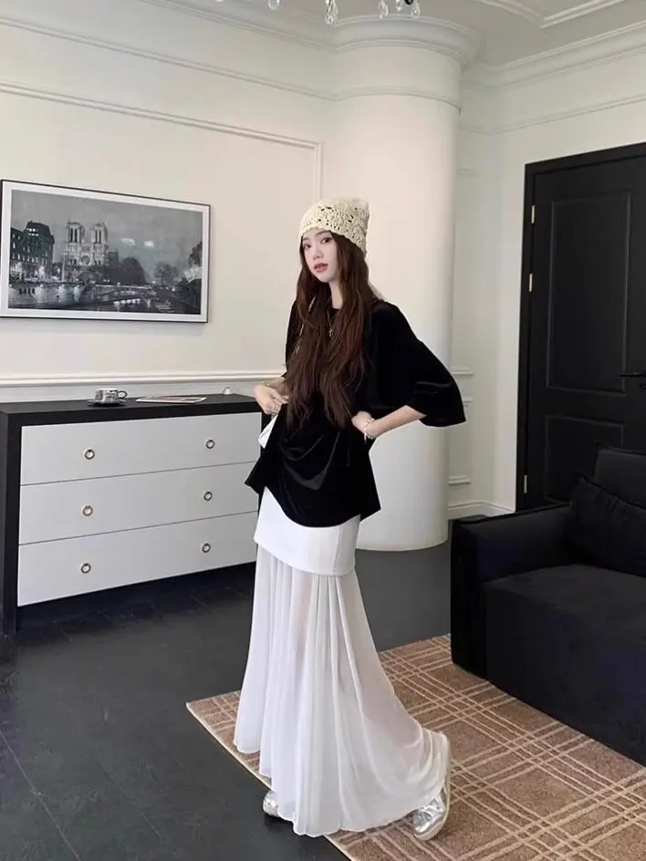 2026 Summer New Mesh Spliced Long Skirt Women High Waist Hip Wrapped Half Skirt Niche Unique Design Gentle Elegant Slim Skirt