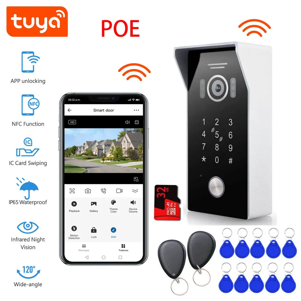 Tuya POE Wifi Video Doorbell 1080P Camera Access Control System Password Keypad For Villa Apartment Outdoor ID Card APP Unlock