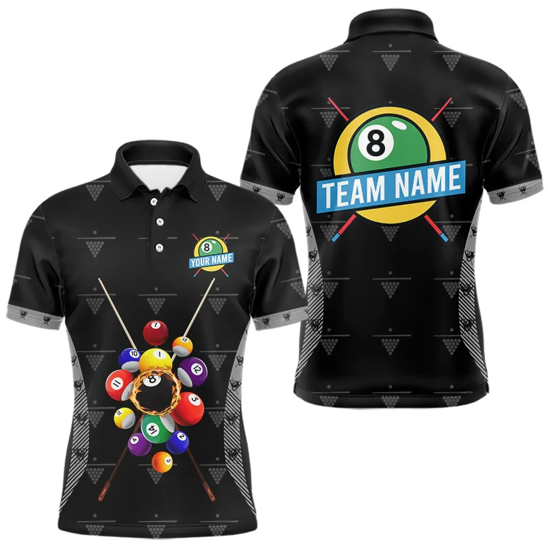 Polos gráficos del equipo de billar, camiseta de jugador de billar, camisa POLO negra 8, camisetas de manga corta con solapa para Club deportivo y tacos para hombre