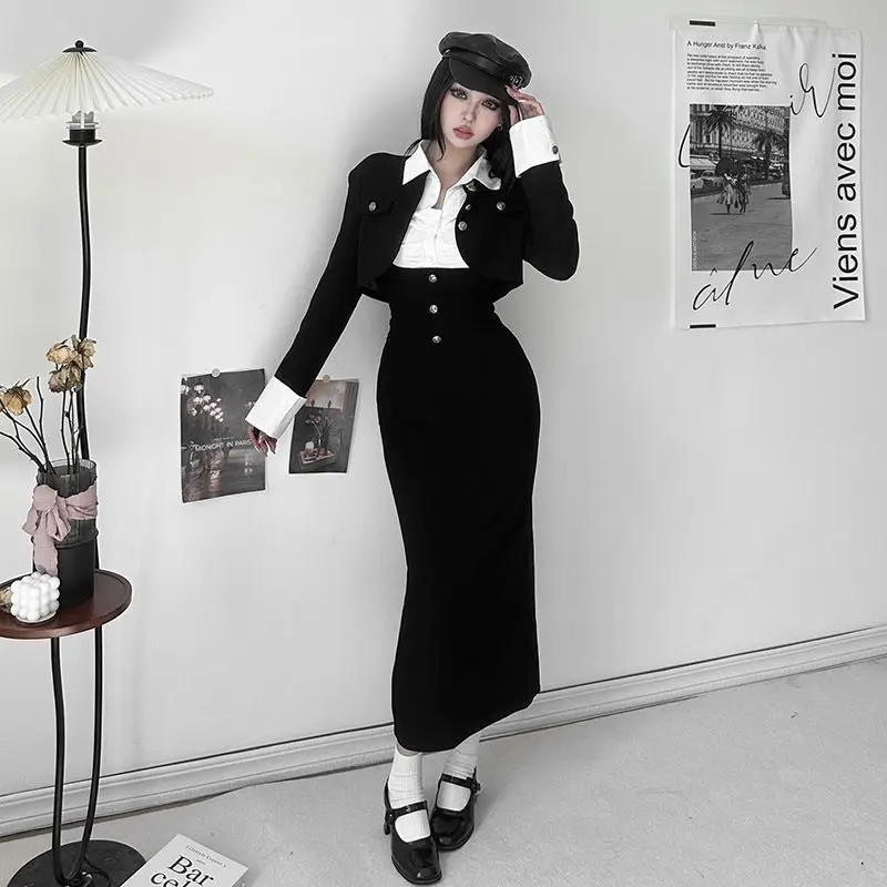 المحاصيل الأعلى الخريف قميص أبيض النساء Y2k الملابس + منتصف طول الخصر النحيف خمر الحلو فستان بحزام أسود قطعتين مجموعات #4