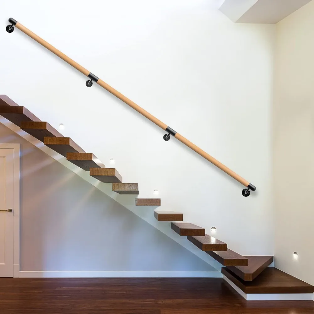 درابزين درج داخلي بطول 3-10 أقدام، مثبت على الحائط الخشبي، دعامات معدنية، قبضة مريحة غير قابلة للانزلاق، أمان ودعم للسلالم #3