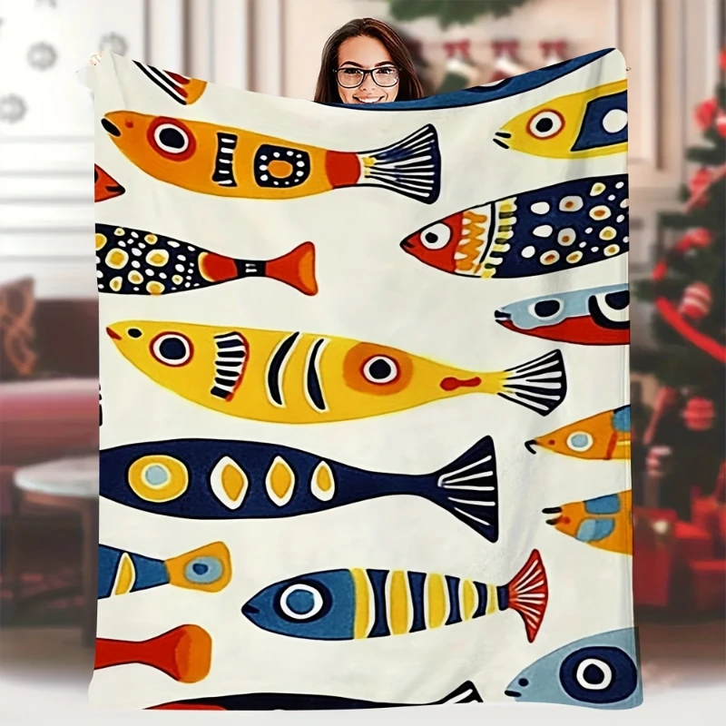 Vintage Abstract Colorful Fish School Throw Blanket,Soft Bed,Couch Layer,Reading Cover,Birthday Anniversary Casual Tribute