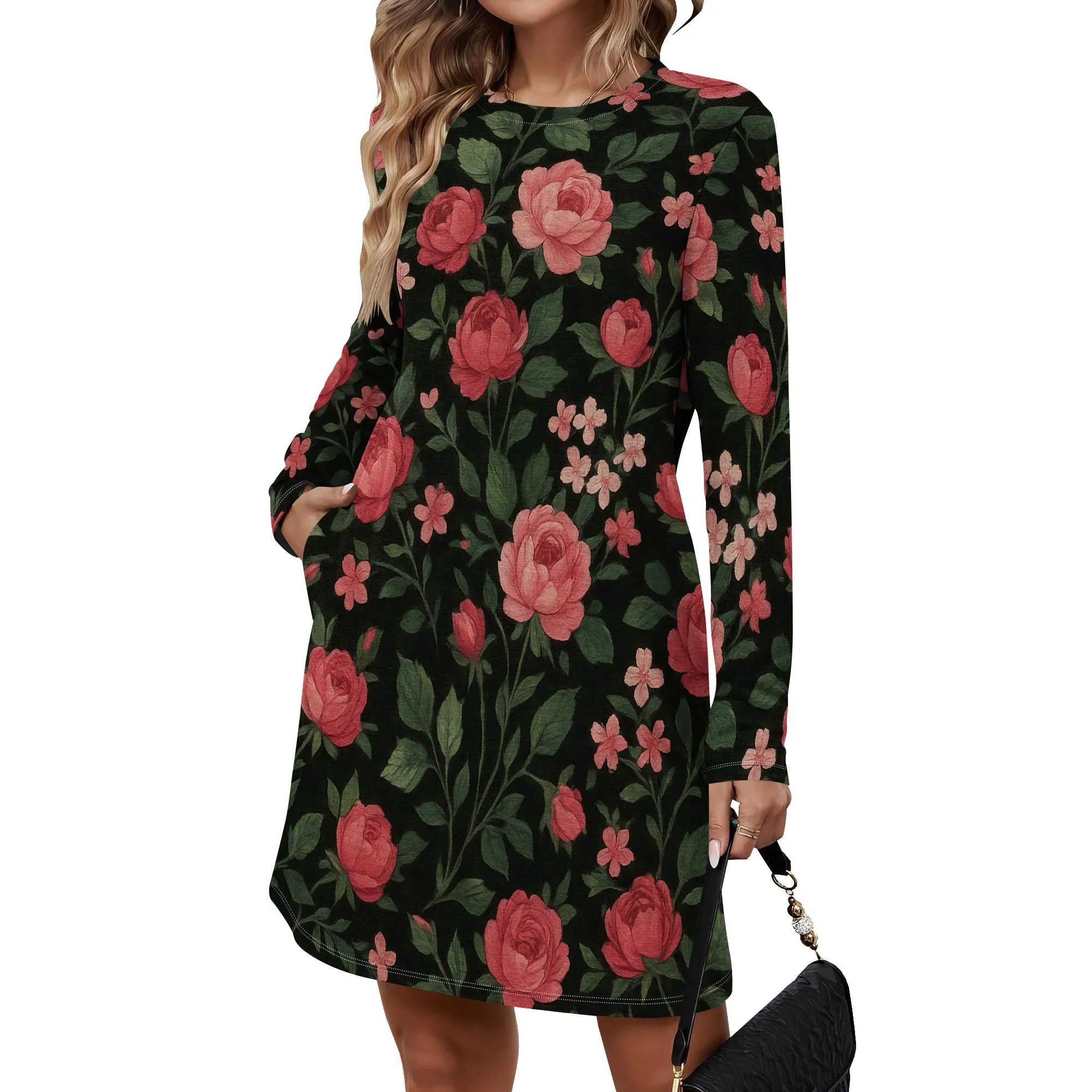 Abito casual in chiffon floreale con maniche a 3/4 Boho ampio taglie forti da donna