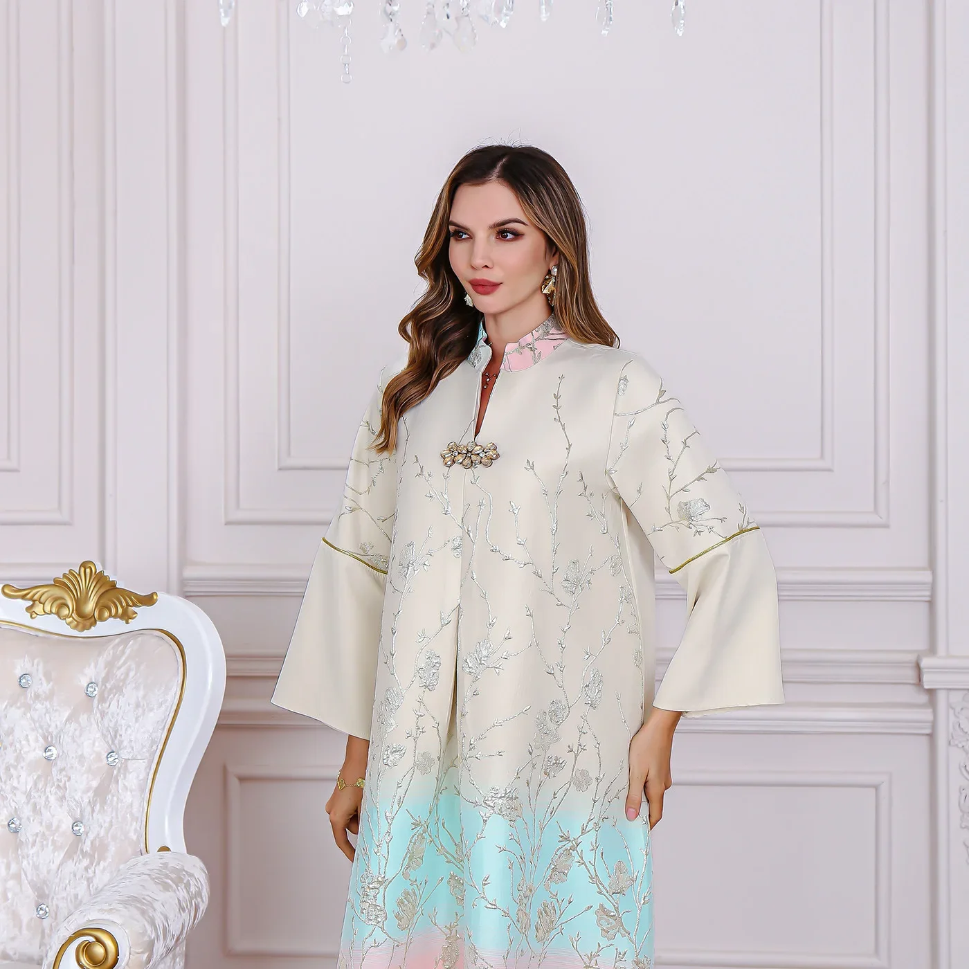 Vestido feminino muçulmano do Oriente Médio, Dubai Abaya, vestido de manga comprida com gradiente bordado, roupas femininas, árabe e turco, elegante