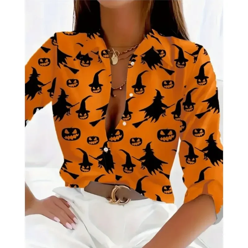 New Women\'s Lapel Button Long Sleeved Shirt Commuting style Christmas Halloween Printed Comfortable Shirt For Women Tops Blouses