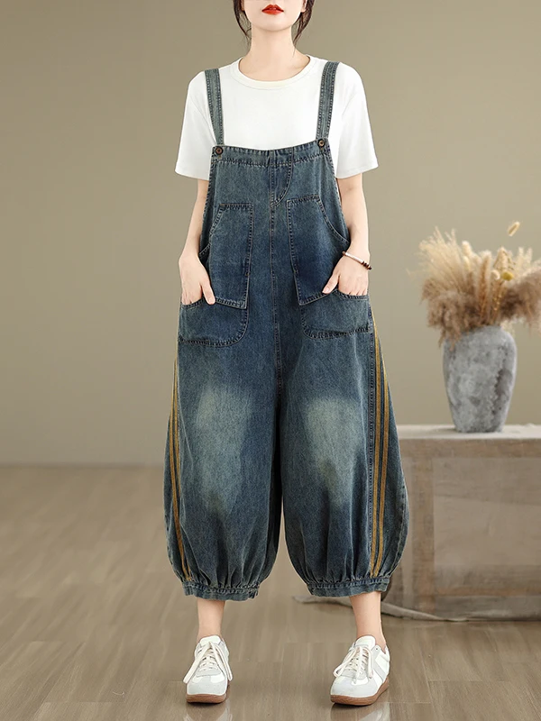 بنطلون جينز نسائي صيفي جديد بتصميم عصري بألوان متباينة ومخطط، فضفاض بمقاسات كبيرة، بخصر مرتفع وأطراف مطوية، بطول تسعة أرباع