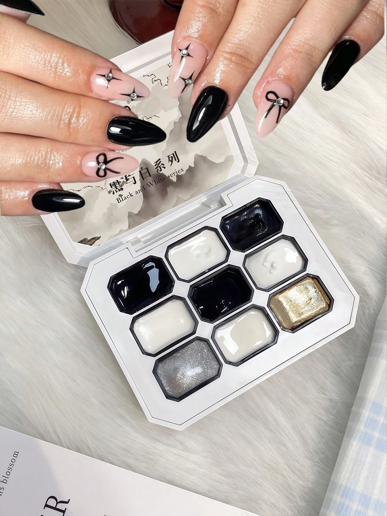 SJP 9-Gitter fester Nagellack schwarz und weiß geschnitzt Gips Kleber UV Gel DIY Nail Art Nagel Charm