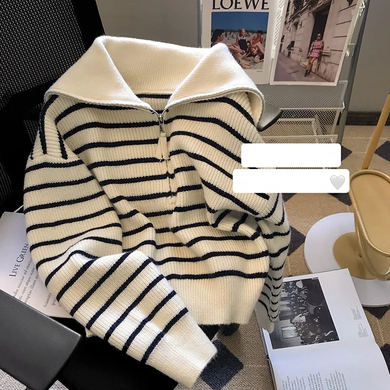 Clearance Leak-Picking Collar Sweater for Women, Knitted Outwear, Stripe Clothes, Cut the Tag off, Retro, Brand Counter